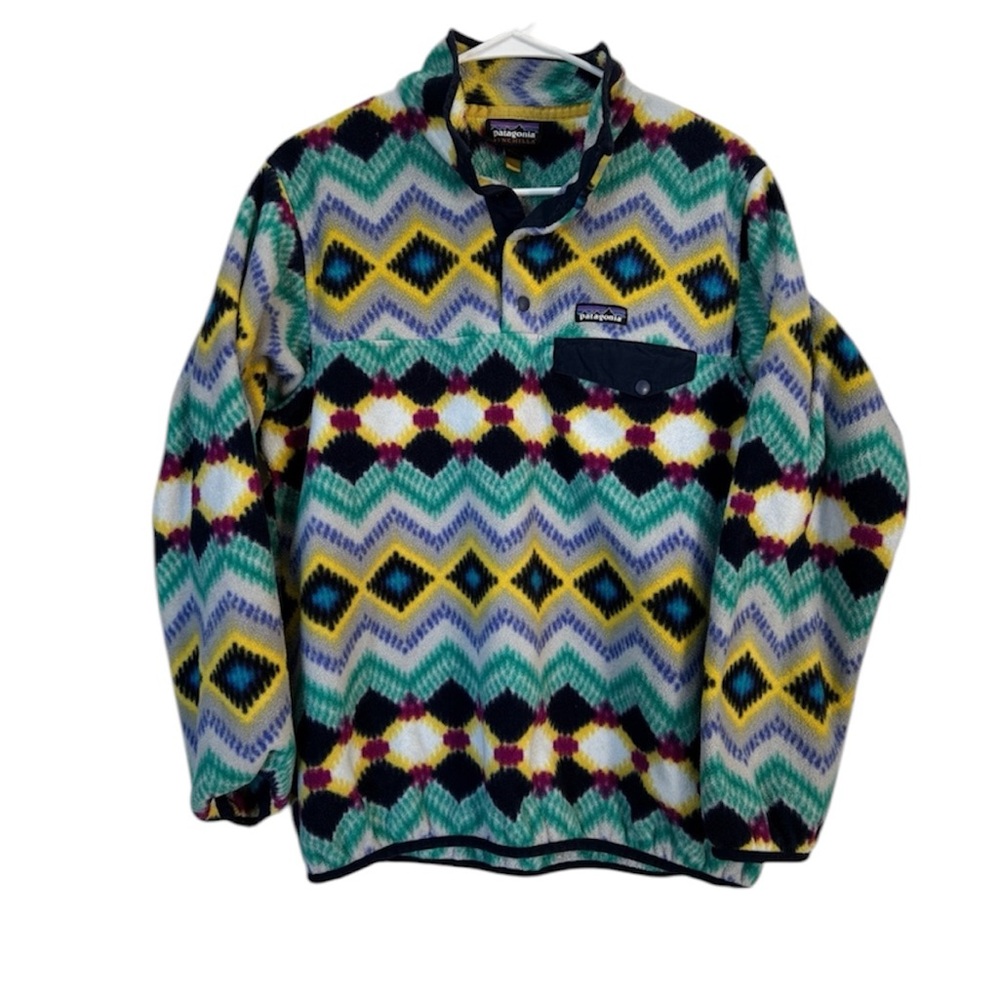 Patagonia Women's Fleece Pullover Fleece Sz L Multicolor Geometric Snap-T